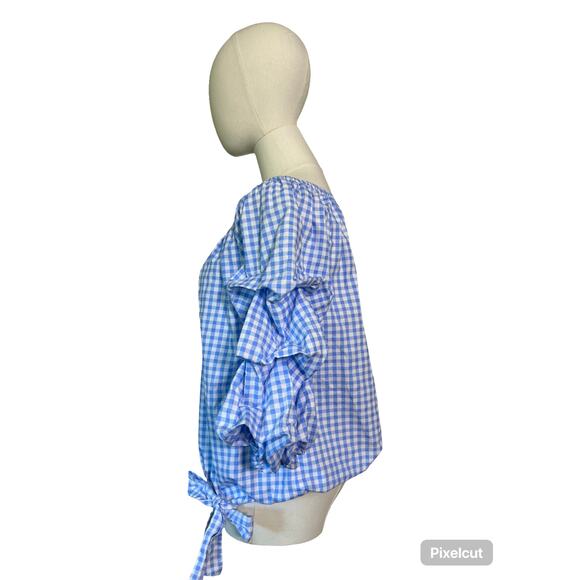 CeCe Blue Gingham Off Shoulder Blouse M | Ruffle Sleeve Tie Hem Cotton Top - Picture 4 of 6